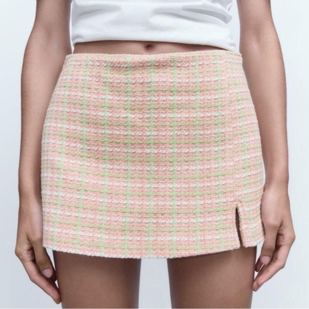 Zara Pink Plaid Mini Skort Size S – Tweed Textured Preppy Y2K Skirt Shorts